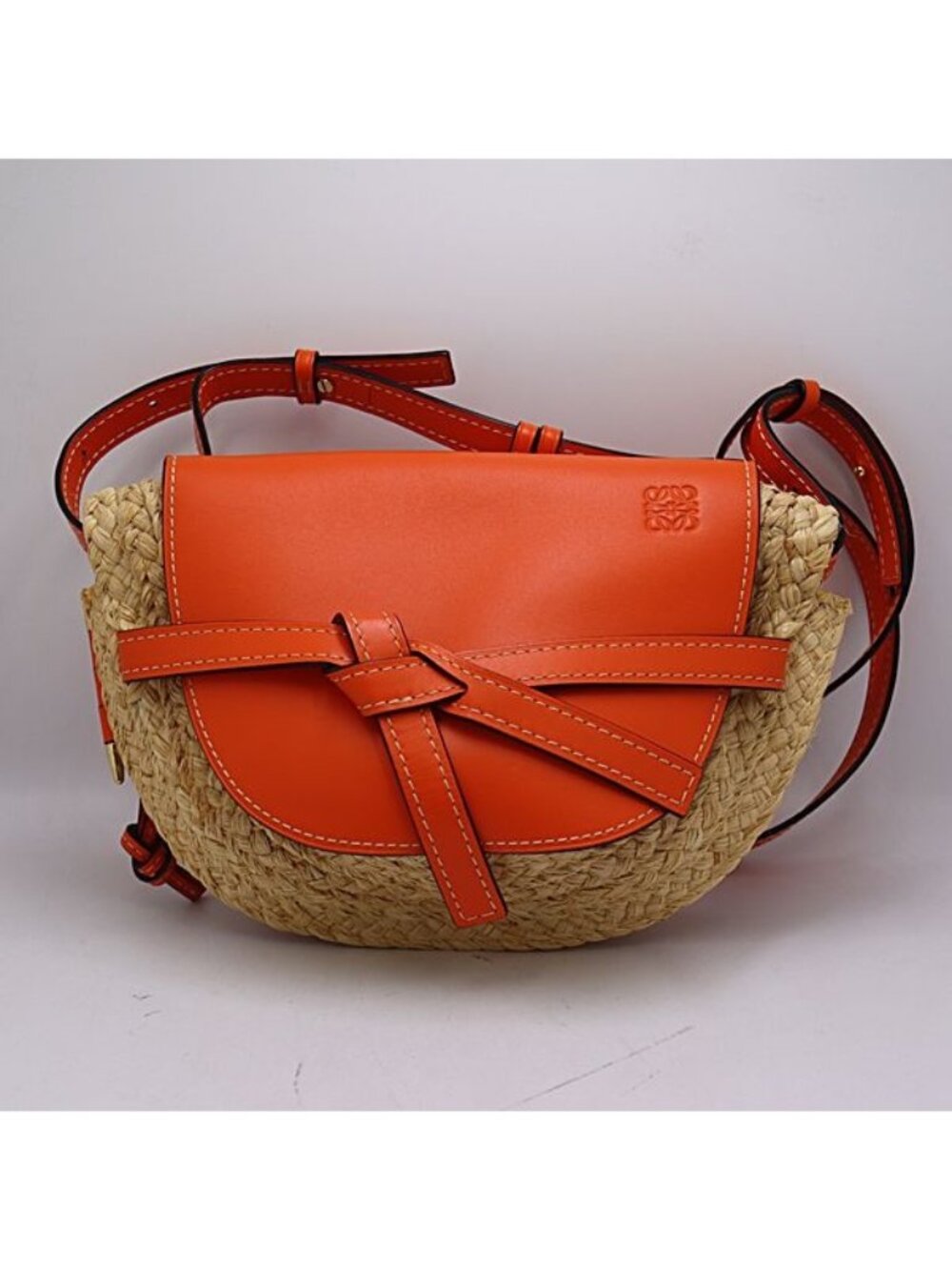 Loewe Gate Small Raffia Leather Shoulder Bag Orange Beige
